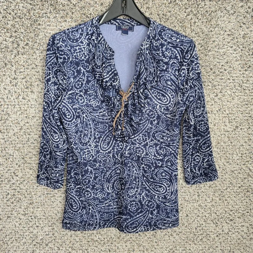 Chaps Top Womens Small Blue Mesh Paisley Ruffle Blouse Lace Up Casual Ladies